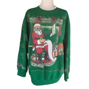 Vintage Christmas On Mainstreet Santa Claus Holly Green Crewneck Size Medium